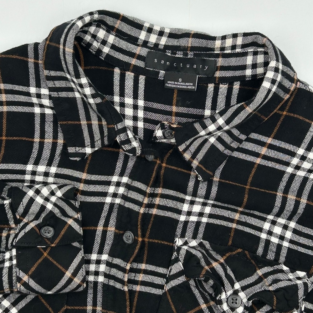 Sanctuary Plaid Flannel Shirt Long Sleeve Black White Brown Womens Size Small‎